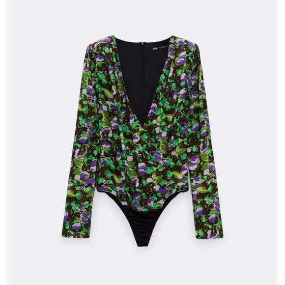 Zara Women's Floral Faux Wrap Long Sleeve Green Purple Draped Bodysuit Size S - Picture 2 of 13